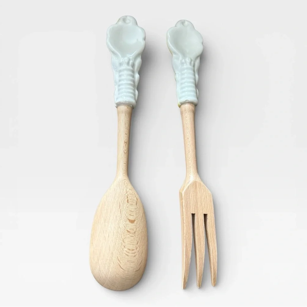 Orvieto Hand-Painted Red Chili Design Ceramic & Wood Salad Serving Fork & Spoon